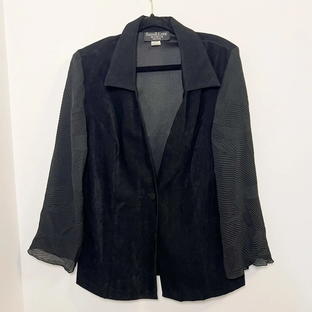 Russell Kemp Black Faux Seude Blazer Jacket Womens Textured Semi Sheer Sleeve - Picture 7 of 10